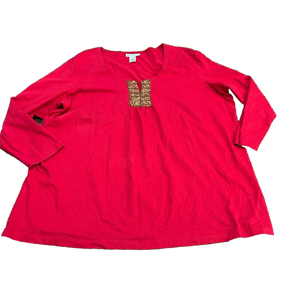 Ulla Popken Women's Red Stretch Split V-Neck Embroidered Blouse Top Size 24/26